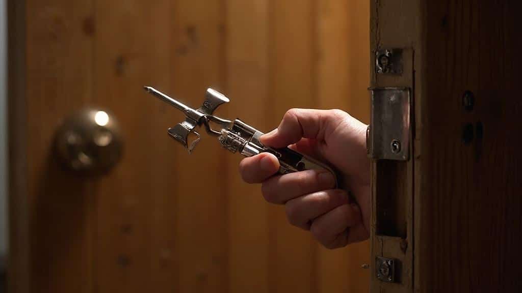 Une main tenant un pistolet dans un endroit sombre et en bois