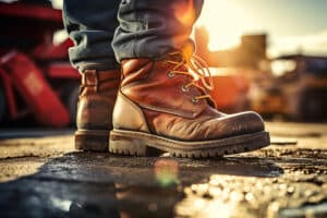 close up of dirty construction worker's boots with ground and construction site in the background. construction, labor, and workplace themes
