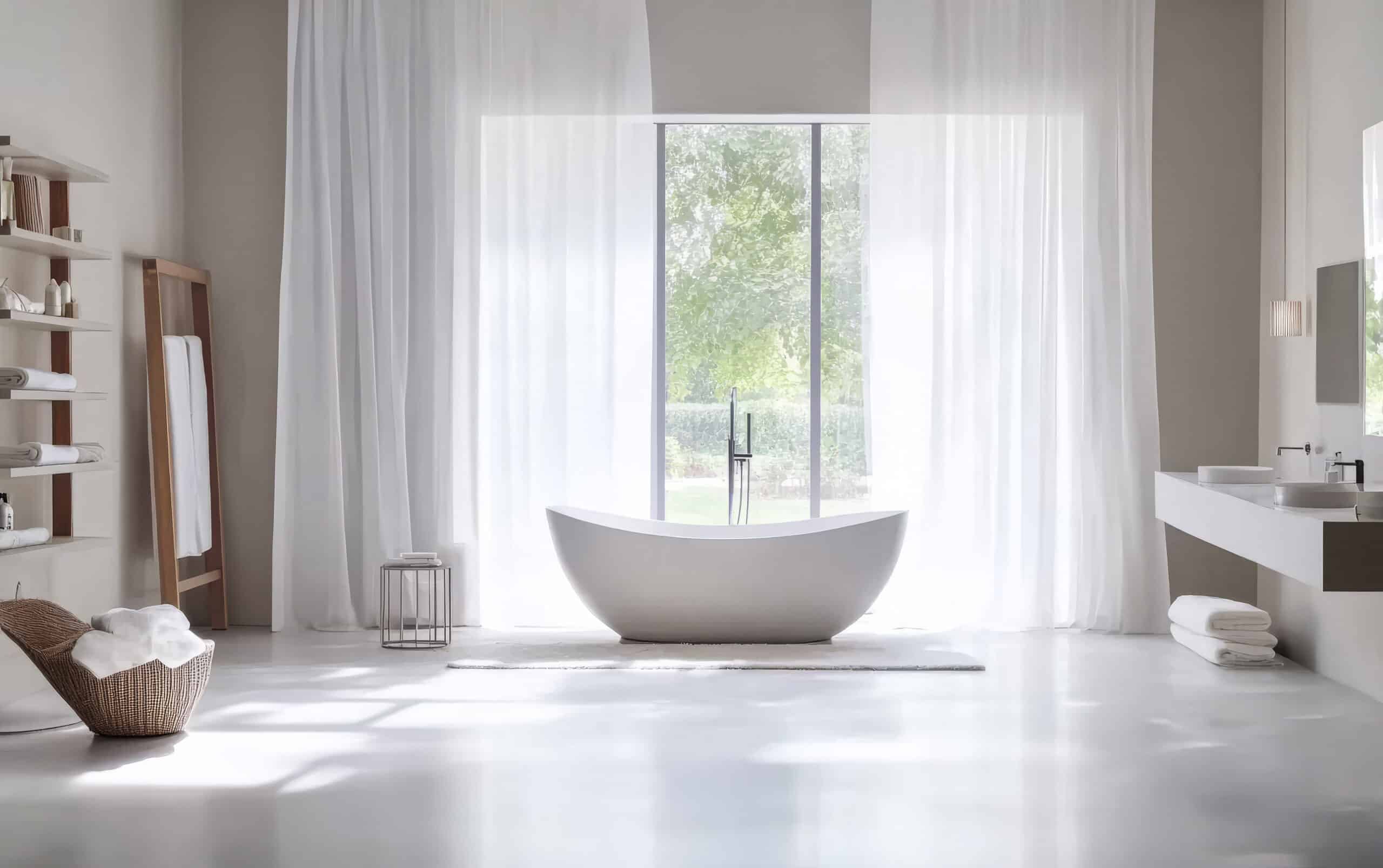 elegant modern bathroom with freestanding tub and large window for natural light